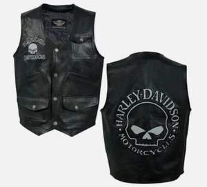 Harley Men Real Leather Black Reflective Skull Motorcycle Vest| Fashion Leather - Picture 1 of 4