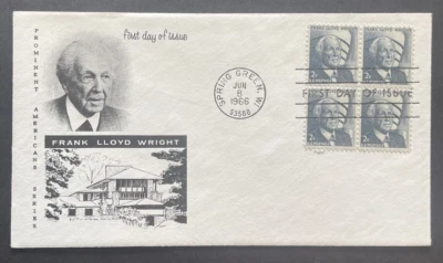 US FDC Block of 4 Sc#1280 1966 Spring Green WI Frank Wright Prominent Americans - Image 1 of 3