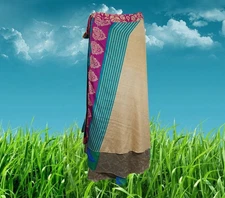 Sari Wrap Skirt, Blue Beige, Silk skirt, Retro Midi, Beach Wrap Skirt,  One Size