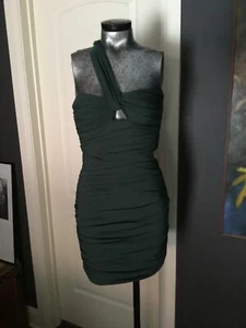 Zara Mini Dress One Shoulder Cut Out Stretchy Bodycon deep green sz S - Picture 1 of 9
