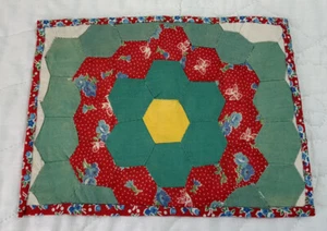 Vintage Patchwork Quilt Table Topper, Flower Garden, Floral Calicos, 30’s, Red - Picture 1 of 9