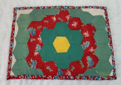 Vintage Patchwork Quilt Table Topper, Flower Garden, Floral Calicos, 30’s, Red - Image 1 of 4