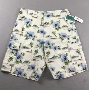 Cubavera Shorts Mens 32 Ivory Blue Floral Cotton Flat Front Cargo NWT - Picture 1 of 11