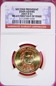 2007 - D NGC MS65 ERSTER AUSGABETAG John Adams Dollar - Bild 1 von 2