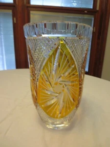 Bohemian Amber Yellow Cut to Clear Crystal Glass Vase - Picture 1 of 6