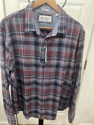 Mens Penguin Plaid Heritage Slim Fit Button Shirt Dark Saphire Size XL New - Image 1 of 4