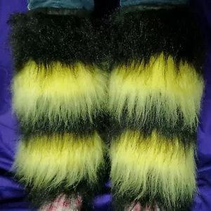 Black & Yellow Striped Leg Warmers Fluffy Faux Fur Furry Boot Cover Winter Cuffs - Picture 1 of 9