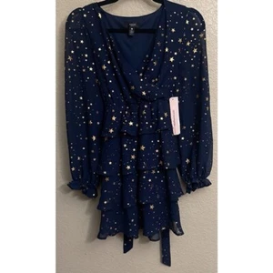 Aqua Girls Navy Gold Star Print Ruffle Tiered V Neck Wrap Dress L - Picture 1 of 10