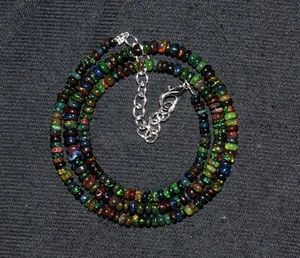 16 Zoll Natürlicher Äthiopischer Schwarz Opal Edelstein Perlen Halskette 925 Sterlingsilber - Bild 1 von 6
