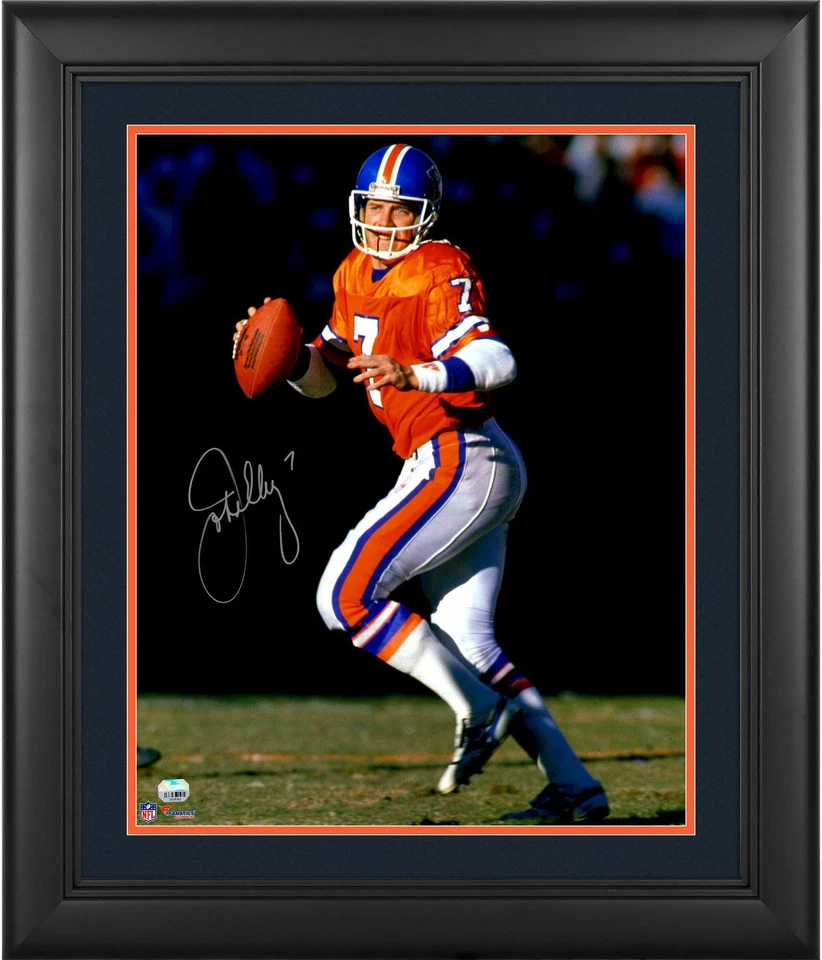 Camiseta deportiva John Elway Denver Broncos enmarcada firmada 16x20 retro foto desplegable Foto 1 de 1