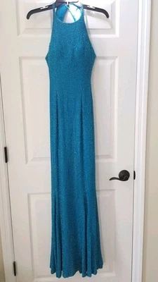 Vintage 90's 2000's Y2K Cache Blue Beaded Dress Mermaid Flare Backless Formal - Image 1 of 4