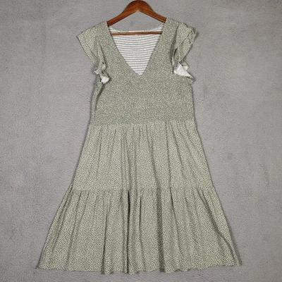 Лофт платье женщин XL зеленый белый в горошек со сборками ярусный оборки трепетать рукав - Изображение 1 из 4
