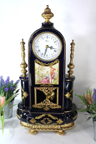 XL t Limoges Cobalt blue porcelain mantel clock victorian scene marked Cover