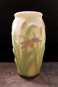 Phoenix Consolidated Dragon Fly Vase, Green Gray Brown on Satin Custard-6" MINTB - Picture 1 of 6