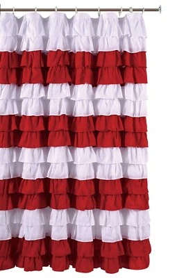 条纹瀑布荷叶边织物浴帘 72X72 颜色 白色和红色 — 第 1/4 张图片