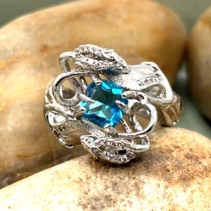 Sterling silver Mermaid Ring Size 6 cushion cut aqua cubic zircon - Picture 1 of 23