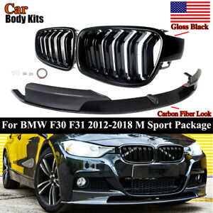 Front Lip Splitter & Dual Slats Kidney Grilles For BMW F30 F31 325i 328i M-Sport