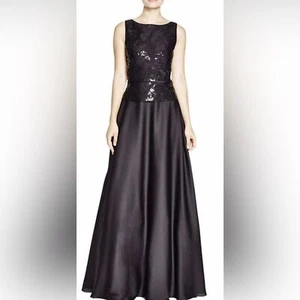 Aidan Mattox U-Boot-Ausschnitt V-Ausschnitt Pailletten Spitze Mieder schwarz Chiffon Kleid Dress Gr. 2 - Bild 1 von 12