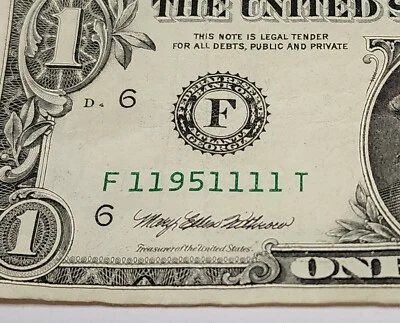 6 of a Kind 1s 4 in a Row Fancy Serial Number $1 Dollar Bill 11951111 - Image 1 of 3