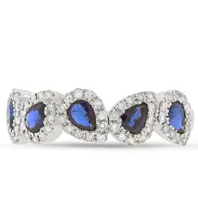 Pear Blue Sapphire Diamond Ring 14K White Gold Band 1.39 CTW Certified Natural - Image 1 of 4