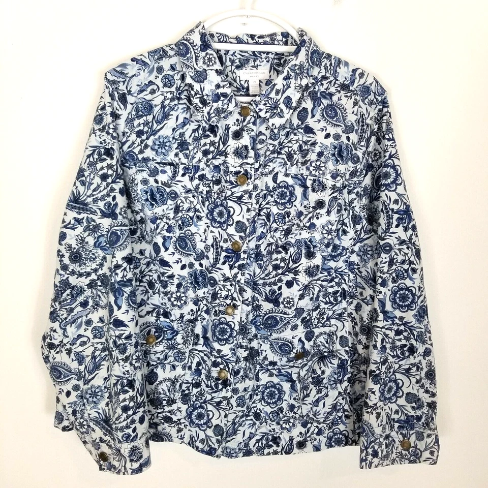 Chaqueta Charter Club Para Mujer Plus Floral Botón Frontal Talla 2X Azul Blanco Abotonada Foto 1 de 4