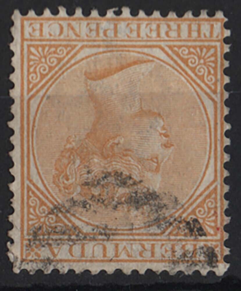 Bermuda 1865 3d yellow-buff wmk CC inverted perf 14 sg5aw fine used cat £350