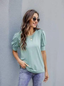 Lantern Sleeve T-Shirts for Women Crewneck Solid Blouse Tees Lounge Fashion Tops - Picture 1 of 12