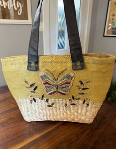 Sun n Sand Vintage Wicker Straw Bucket Tote Bag With Beaded Butterfly - Picture 1 of 23
