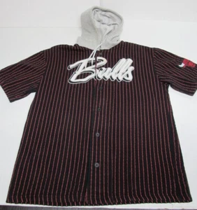 Chicago Bulls Pinstripe Short Sleeve button up hooded shirt Hoodie Size Med. - Picture 1 of 9