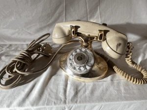 Western Electric 202 / D1 Cream & Gold Rotary Desk Phone, F1 Handset, cloth cord - Picture 1 of 9