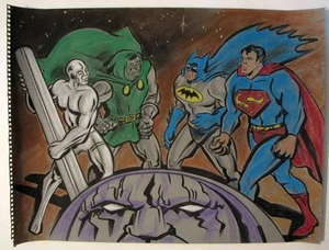 Batman Superman mit Dr. Doom Silver Surfer Original Kreide Kunst Marvel Mike Bennett - Bild 1 von 1