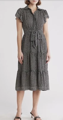 MAX STUDIO Black & White Spot/Polka Dot Tiered Midi Dress Flutter Sleeve sz S - image 1 of 4