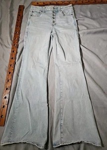 American Eagle Jeans pantaloni donna 8 super hi-rise svasati denim grunge con bottoni - Foto 1 di 19