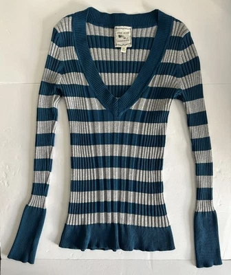 Suéter Vintage Y2K Cuello en V XL Azul Rayas Largo Elastizado Acanalado Preppy Academia Foto 1 de 4