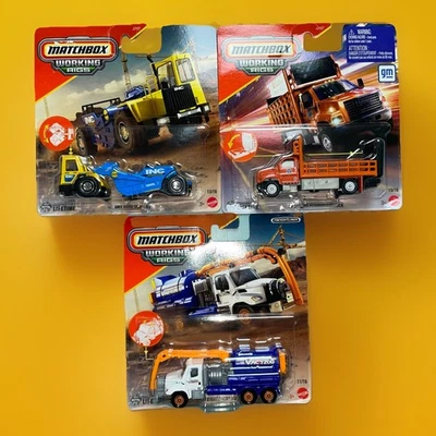 Lot 3 Matchbox Working Rigs Freightliner M2 106 GMC 3500 Attenuator MBX Scrapper - Image 1 of 4