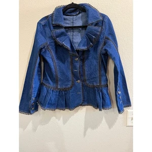 The Pyramid Collection Denim Jacket Lace Trim Ruffle Fitted Womens Large - Picture 1 of 6