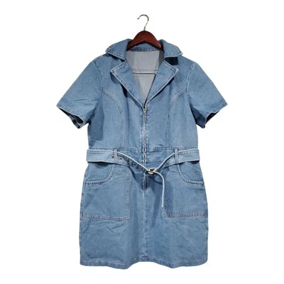 Mini vestido de mujer azul denim manga corta algodón lino cinturón cremallera frontal talla XL Foto 1 de 4