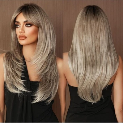 Peluca Balayage - Mezcla de cabello humano rubio platino plata negro arco iris multicolor Foto 1 de 4