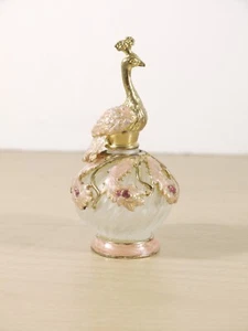 Peacock Mini Perfume Bottle Metal Pink Enamel and Glass Refillable - Picture 1 of 11