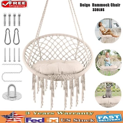 MARSMO Beige Macrame Chair Hanging Swing Chair Max 330Lbs Hammock Chair with Cushion US