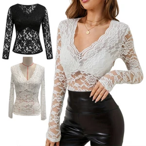 Women Sheer Mesh Lace Top Ladies Long Sleeve See Through V-Neck Floral T-shirt - Picture 1 of 25