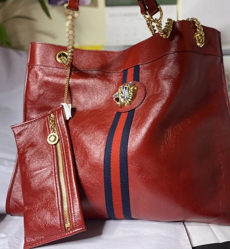 Gucci Borsa a Spalla Rajah Strass Ophidia Pelle Rossa Dorata Doppia Catena Cinturino XL