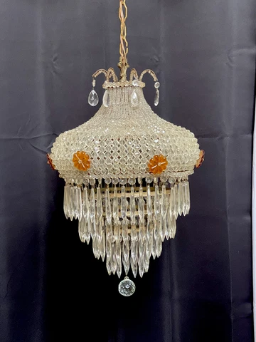 Antique French Art Deco Crystal Beaded Czech Shade Wedding Cake Chandelier Cover