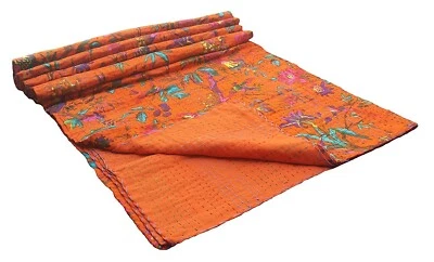 India Handmade Cotton Bird Print Kantha Quilt Throw Reversible King Blanket - Image 1 of 4
