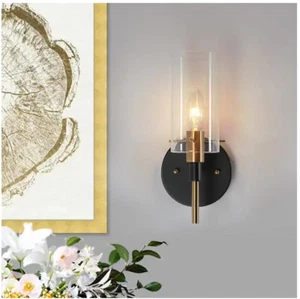 Modern 1-Light Brass Gold Wall Sconce, Black Vanity Light with Open Cylinder Cle - Picture 1 of 5