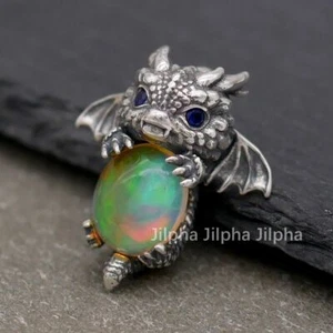 Dragon Baby Pendant 925 Sterling Silver with Genuine Opal 3D A5415 - Picture 1 of 10