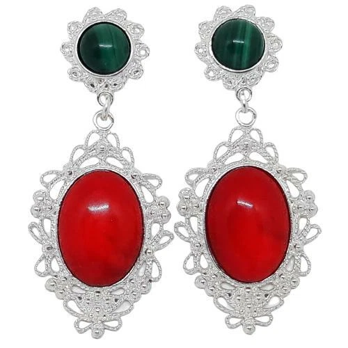 Coralli di Sardegna Orecchini Corallo Rosso 13x18mm Malachite 8mm Argento - Immagine 1 di 1