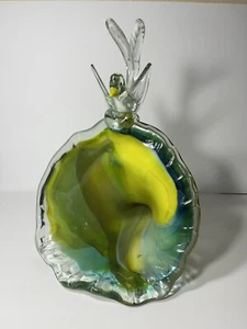 Vintage Blown Art Glass TRUMPET Flower With BIRD Sculpture Yellow TURQUOISE 15" - Picture 1 of 12