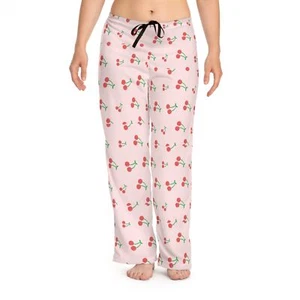 Cherry Pyjama Pants, Coquette Cute Women's Pajamas, Pink Aesthetic Lounge Wear, - Picture 1 of 5