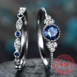 Anillo de mujer 925 amén, 2 piezas con piedra circonita azul - Imagen 1 de 7